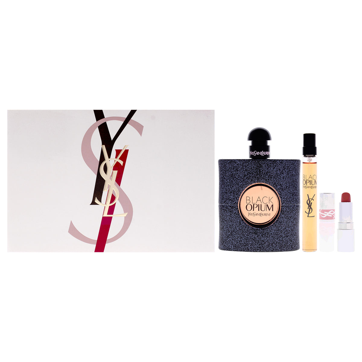 Black Opium by Yves Saint Laurent for Women - 3 Pc Gift Set 3oz EDP Spray, 0.33oz EDP Spray (Mini), 0.04oz Loveshine Lipstick - 44 Nude Lavalliere