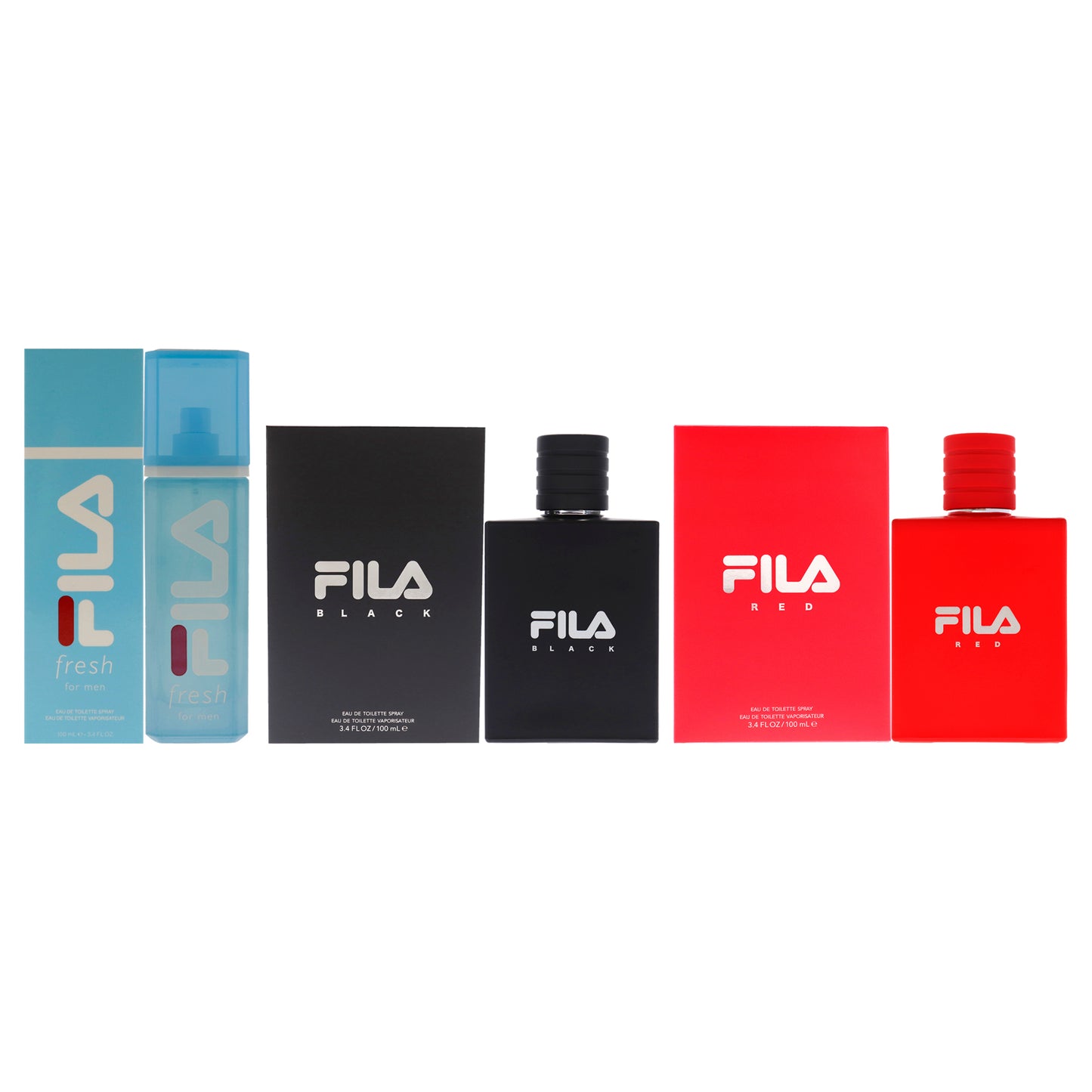Fila Kit by Fila for Men - 3 Pc Kit 3.4oz Fila Black EDT Spray, 3.4oz Fila Fresh EDT Spray, 3.4oz Fila Red EDT Spray