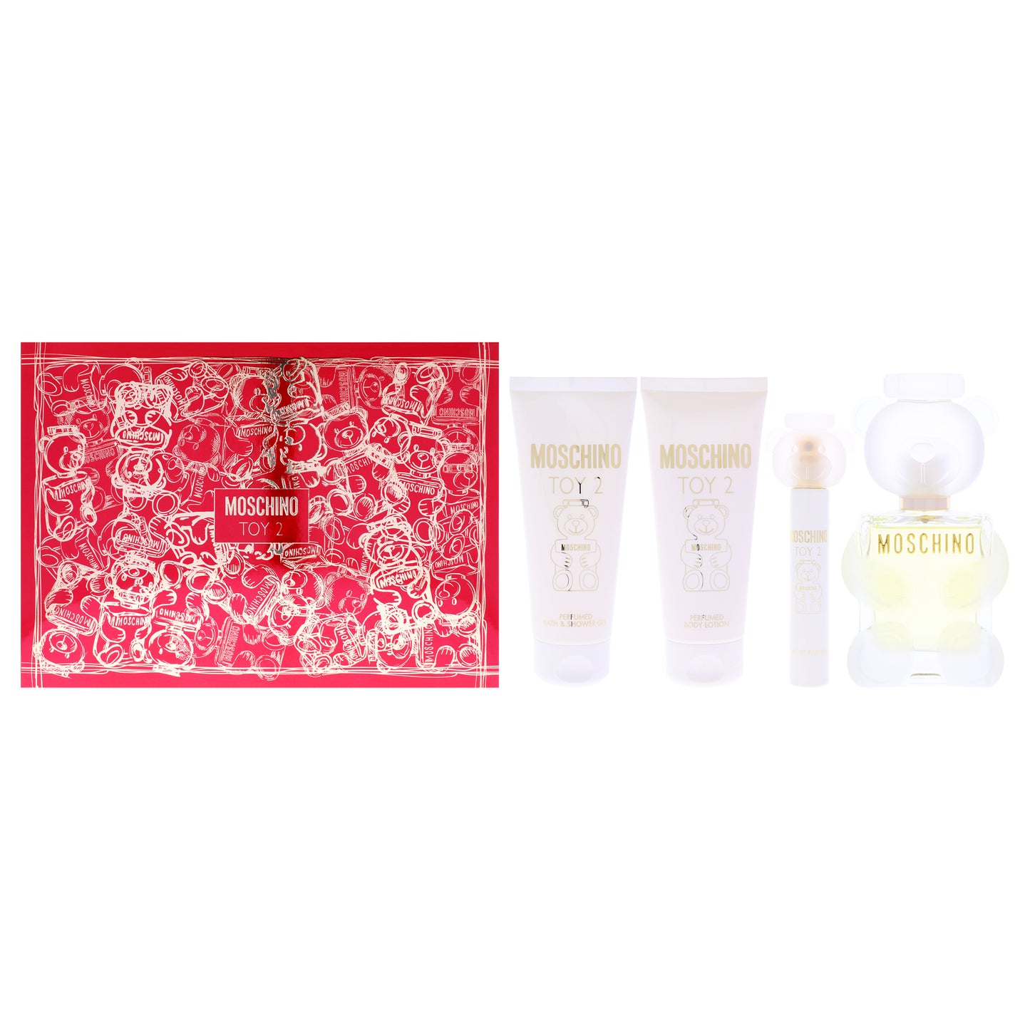 Moschino Toy 2 by Moschino for Women - 4 Pc Gift Set 3.4oz EDP Spray, 0.33oz EDP Spray (Mini), 3.4oz Body Lotion, 3.4oz Shower Gel