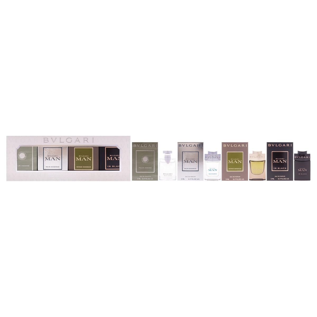 The Mens Gift Collection by Bvlgari for Men - 4 Pc Mini Gift Set 5ml EDT Splash Bvlgari Pour Homme, 5ml EDP Splash Bvlgari Man Rain Essence, 5ml EDP Splash Bvlgari Man Wood Essence, 5ml EDP Splash Bvlgari Man In Black