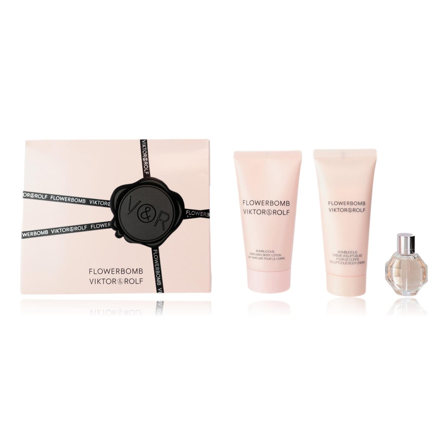 Flowerbomb by Viktor and Rolf for Women - 3 Pc Gift Set 0.24oz EDP Splash (Mini), 1.36oz Bomblicious Body Cream, 1.7oz Bomblicious Body Lotion