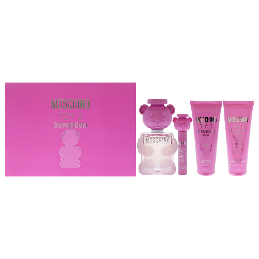 Moschino Toy 2 Bubble Gum by Moschino for Women - 4 Pc Gift Set 3.4oz EDT Spray, 0.3oz EDT Spray (Mini), 3.4oz Body Lotion, 3.4oz Bath and Shower Gel