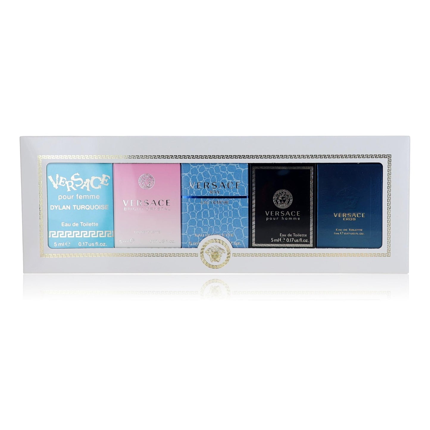 Versace 5 Pcs Mini Set: Eros 0.17 Eau De Toilette Men + Pour Homme 0.17 Eau De Toilette + Eau Fraiche 0.17 Eau De Toilette + Bright Crystal 0.17 Eau De Toilette + Dylan Turquoise 0.17 Eau De Toilette