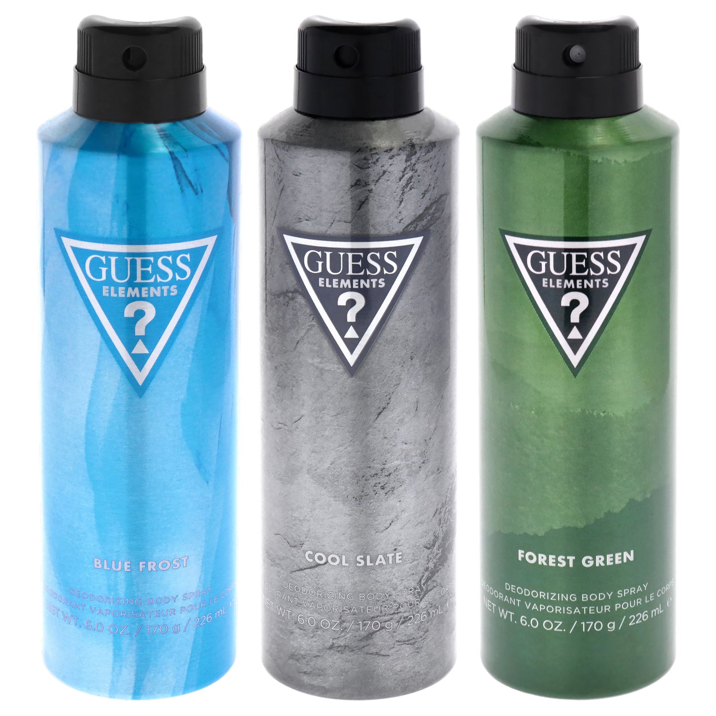 Guess Elements Kit by Guess for Men - 3 Pc Kit 6oz Body Spray - Blue Forest, 6oz Body Spray - Cool Slate, 6oz Body Spray - Forest Green