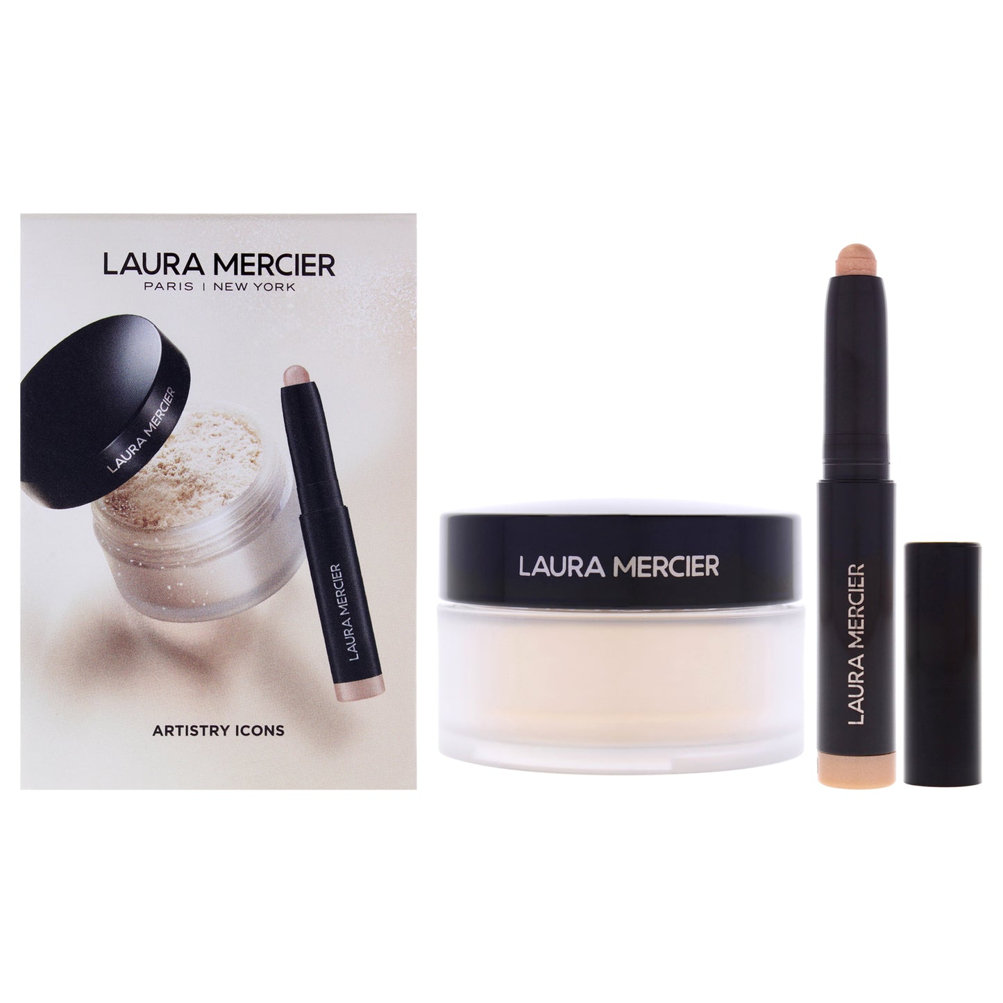 Mini Artistry Icons Set by Laura Mercier for Women - 2 Pc 0.33oz Translucent Loose Setting Powder - Translucent, 0.03oz Caviar Stick Eye Color - Rosegold