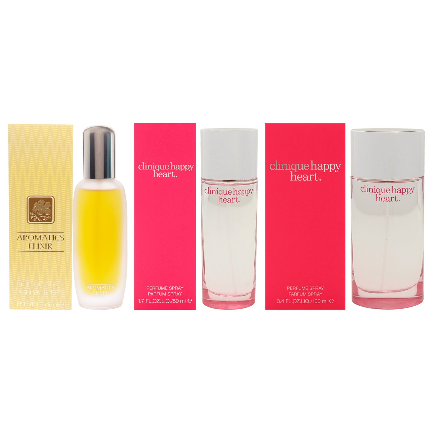Clinique Kit by Clinique for Women - 3 Pc Kit 1.5oz Aromatics Elixir Perfume Spray, 1.7oz Clinique Happy Heart Parfum Spray, 3.4oz Clinique Happy Heart Parfum Spray