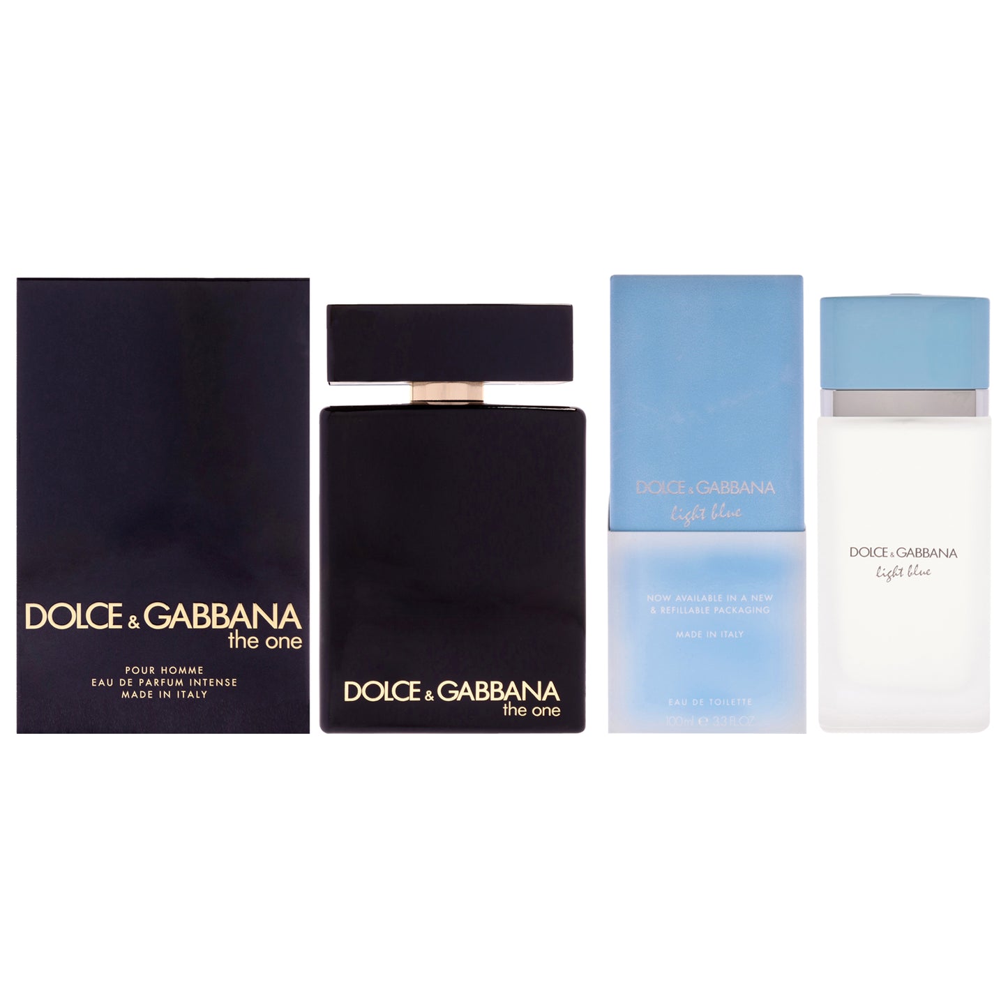 Dolce and Gabbana Kit by Dolce and Gabbana for Unisex - 2 Pc Kit 3.3oz The One Intense EDP Spray, 3.3oz Light Blue EDT Spray