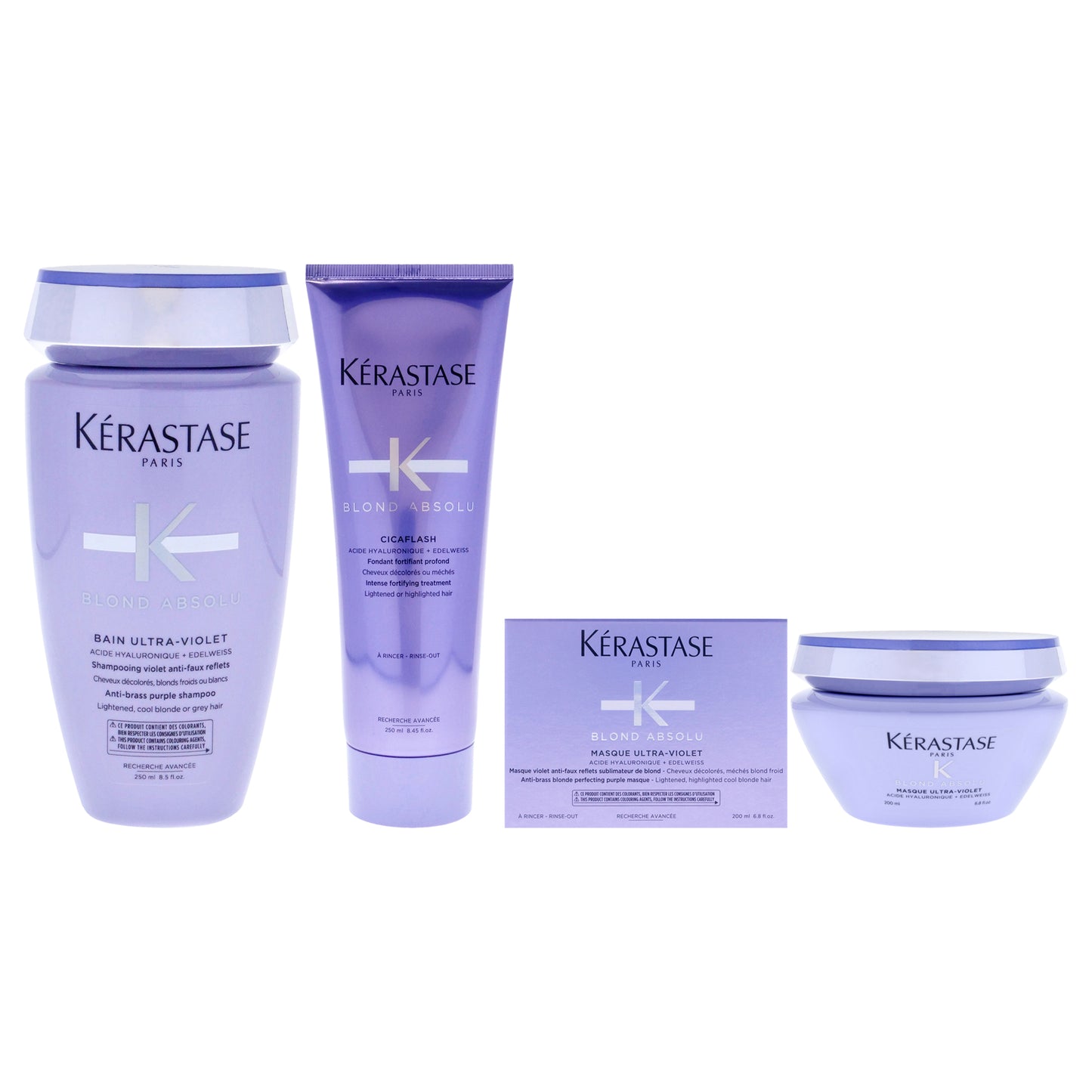 Blond Absolu Kit by Kerastase for Unisex - 3 Pc Kit 8.5oz Blond Absolu Bain Ultra-Violet Shampoo, 8.5oz Blond Absolu Cicaflash Conditioner, 6.8oz Blonde Absolu Ultra Violet Mask