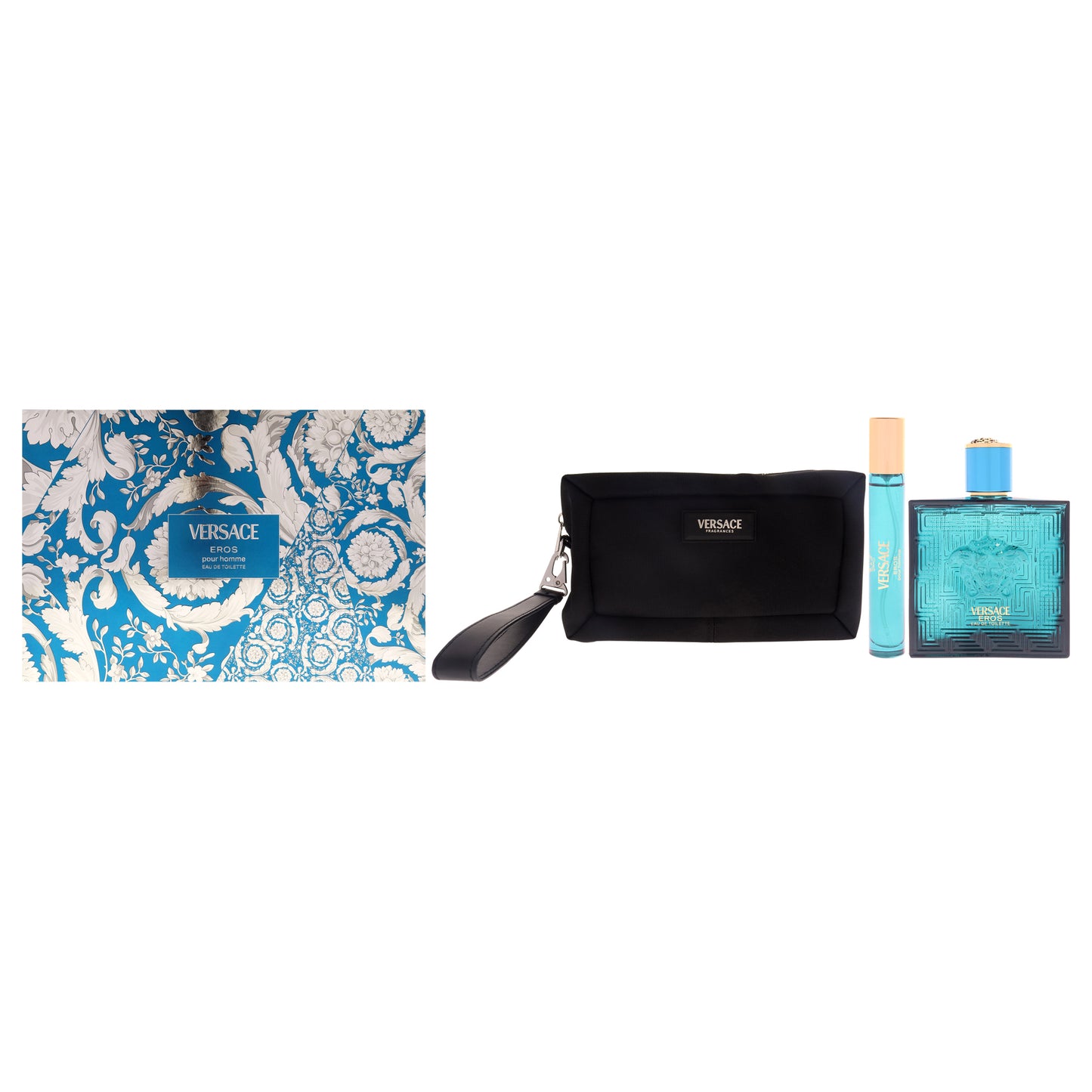 Versace Eros by Versace for Men - 3 Pc Gift Set 3.4oz EDT Spray, 0.3oz EDT Spray, Pouch