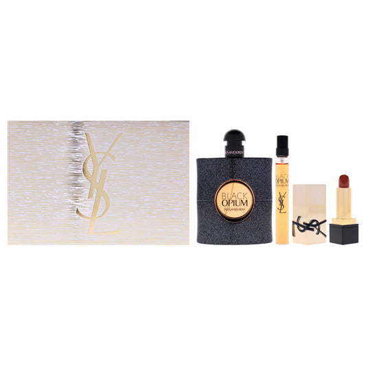 Black Opium by Yves Saint Laurent for Women - 3 Pc Gift Set 3oz EDP Spray, 0.33oz EDP Spray (Mini), 0.04oz Rouge A Levres Lipstick - 44 Nu Muse