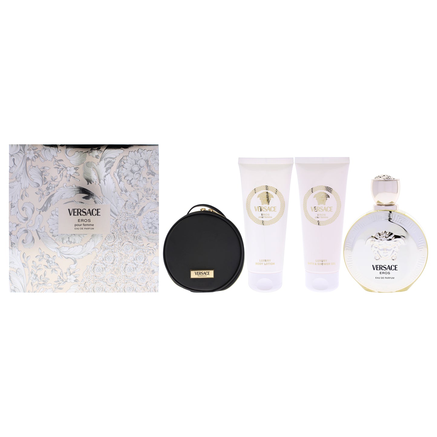 Versace Eros by Versace for Women - 4 Pc Gift Set 3.4oz EDP Spray, 3.4oz Luxury Body Lotion, 3.4oz Luxury Shower Gel, Round Make Up Case