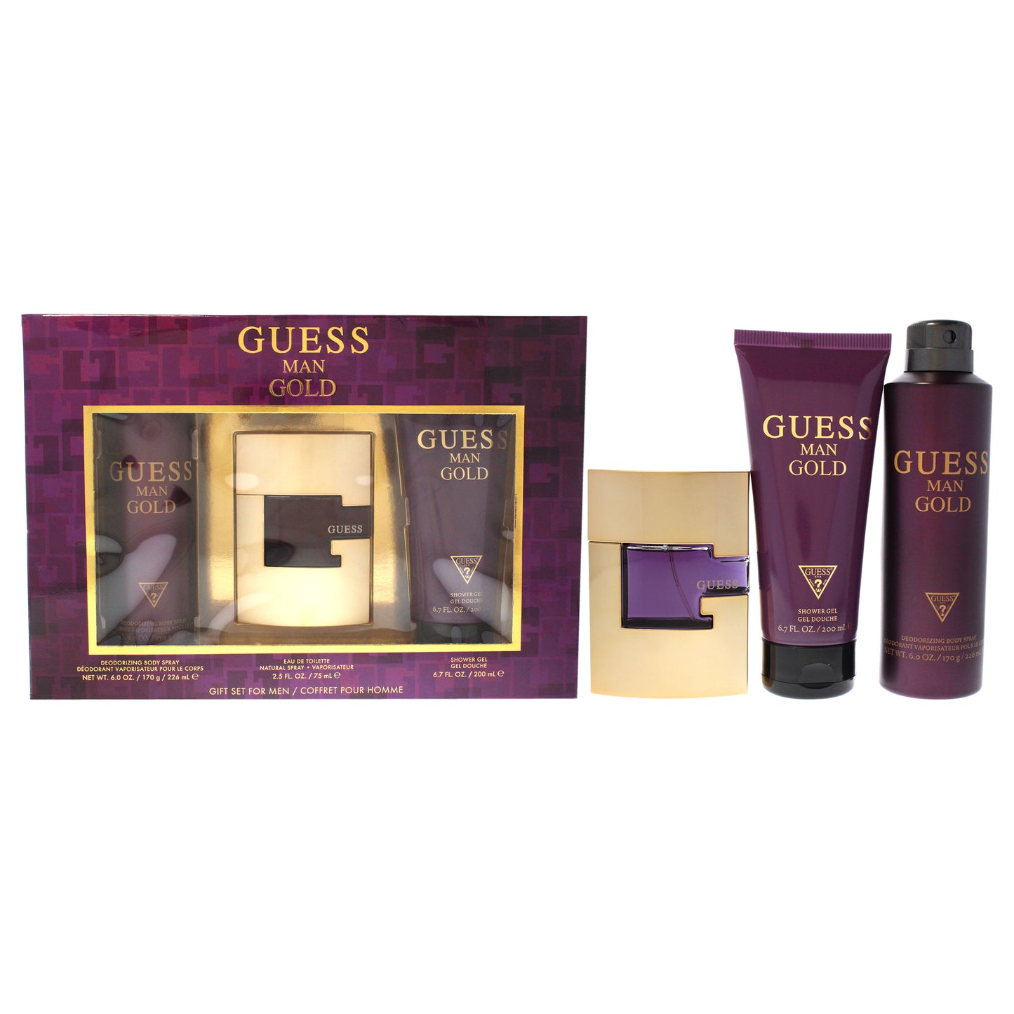 Guess Gold by Guess for Men - 3 Pc Gift Set 2.5oz EDT Spray, 6.0oz Deodorizing Spray, 6.7oz Shower Gel