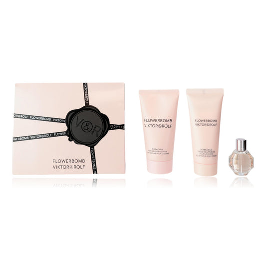 Flowerbomb by Viktor and Rolf for Women - 3 Pc Gift Set 0.24oz EDP Splash (Mini), 1.36oz Bomblicious Body Cream, 1.7oz Bomblicious Body Lotion